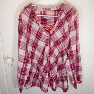 90s Fashion Bug Pink And White Plaid Shirt Womens Size 3X.